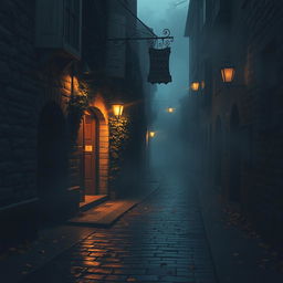 A foggy alley in a medieval village around 10 PM in autumn, the entrance of a tavern dimly lit with a broken sign hanging above