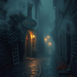 A foggy alley in a medieval village around 10 PM in autumn, the entrance of a tavern dimly lit with a broken sign hanging above