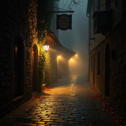 A foggy alley in a medieval village around 10 PM in autumn, the entrance of a tavern dimly lit with a broken sign hanging above