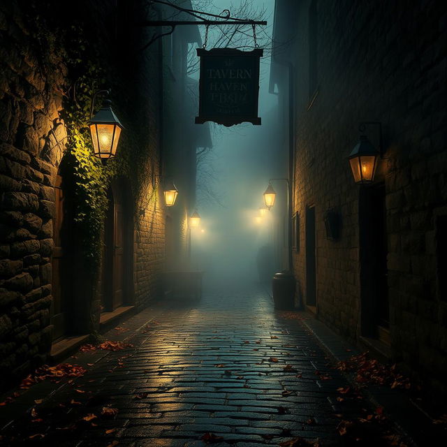 A foggy alley in a medieval village around 10 PM in autumn, the entrance of a tavern dimly lit with a broken sign hanging above