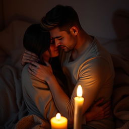 A sensual, intimate scene of a couple embracing in a warm, softly lit room, showcasing the deep connection and passion between them