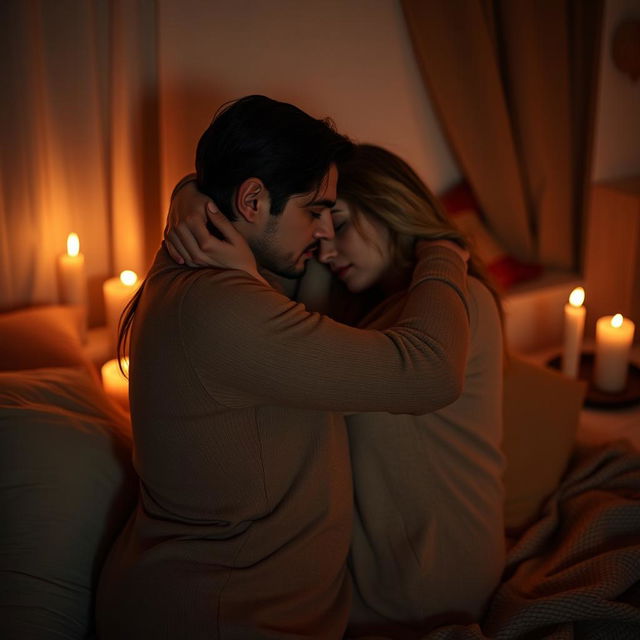 A sensual, intimate scene of a couple embracing in a warm, softly lit room, showcasing the deep connection and passion between them