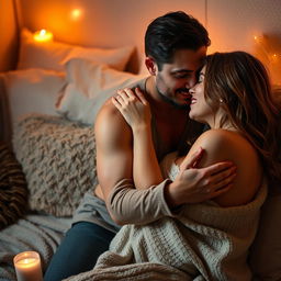 A sensual, intimate scene of a couple embracing in a warm, softly lit room, showcasing the deep connection and passion between them