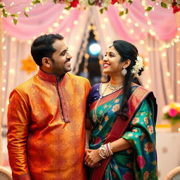 A beautiful Indian married couple happily celebrating their wedding anniversary