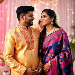 A beautiful Indian married couple happily celebrating their wedding anniversary