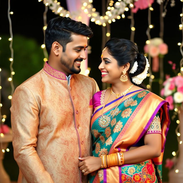 A beautiful Indian married couple happily celebrating their wedding anniversary