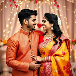 A beautiful Indian married couple happily celebrating their wedding anniversary