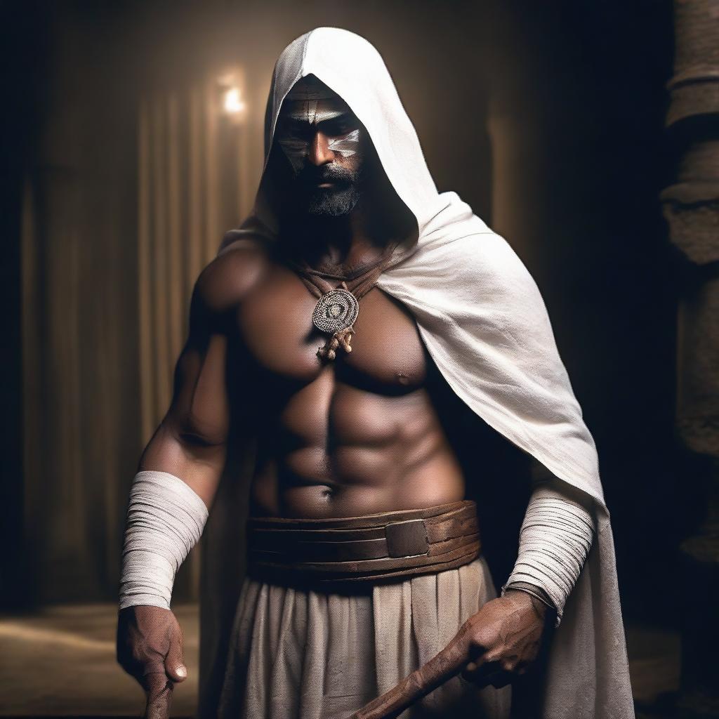 Equip the realistic, muscular Indian man with white bandages, draped in a cloak-like garment and assorted rings, with a crudely crafted wooden club in the dark environment