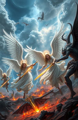 A stunningly detailed fantasy scene depicting a battle between angels and demons