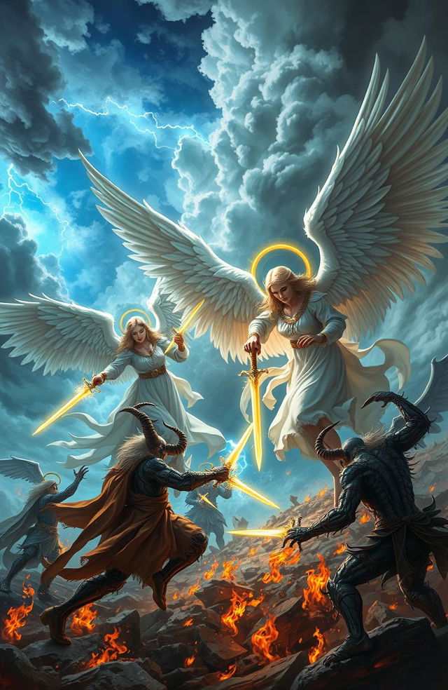 A stunningly detailed fantasy scene depicting a battle between angels and demons