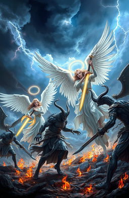 A stunningly detailed fantasy scene depicting a battle between angels and demons