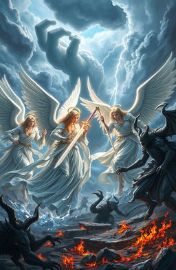 A stunningly detailed fantasy scene depicting a battle between angels and demons