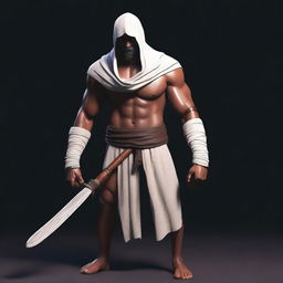 Equip the realistic, muscular Indian man with white bandages, draped in a cloak-like garment and assorted rings, with a crudely crafted wooden club in the dark environment