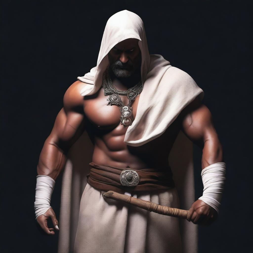 Equip the realistic, muscular Indian man with white bandages, draped in a cloak-like garment and assorted rings, with a crudely crafted wooden club in the dark environment