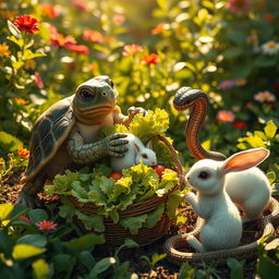 In a whimsical scene, a turtle in the act of giving birth is struggling over a basket of fresh, vibrant lettuce with a curious white rabbit