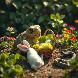 In a whimsical scene, a turtle in the act of giving birth is struggling over a basket of fresh, vibrant lettuce with a curious white rabbit