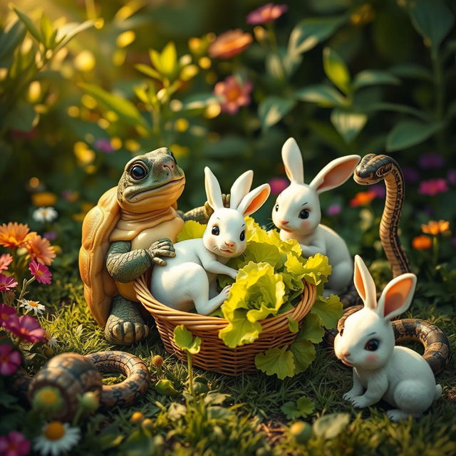 In a whimsical scene, a turtle in the act of giving birth is struggling over a basket of fresh, vibrant lettuce with a curious white rabbit