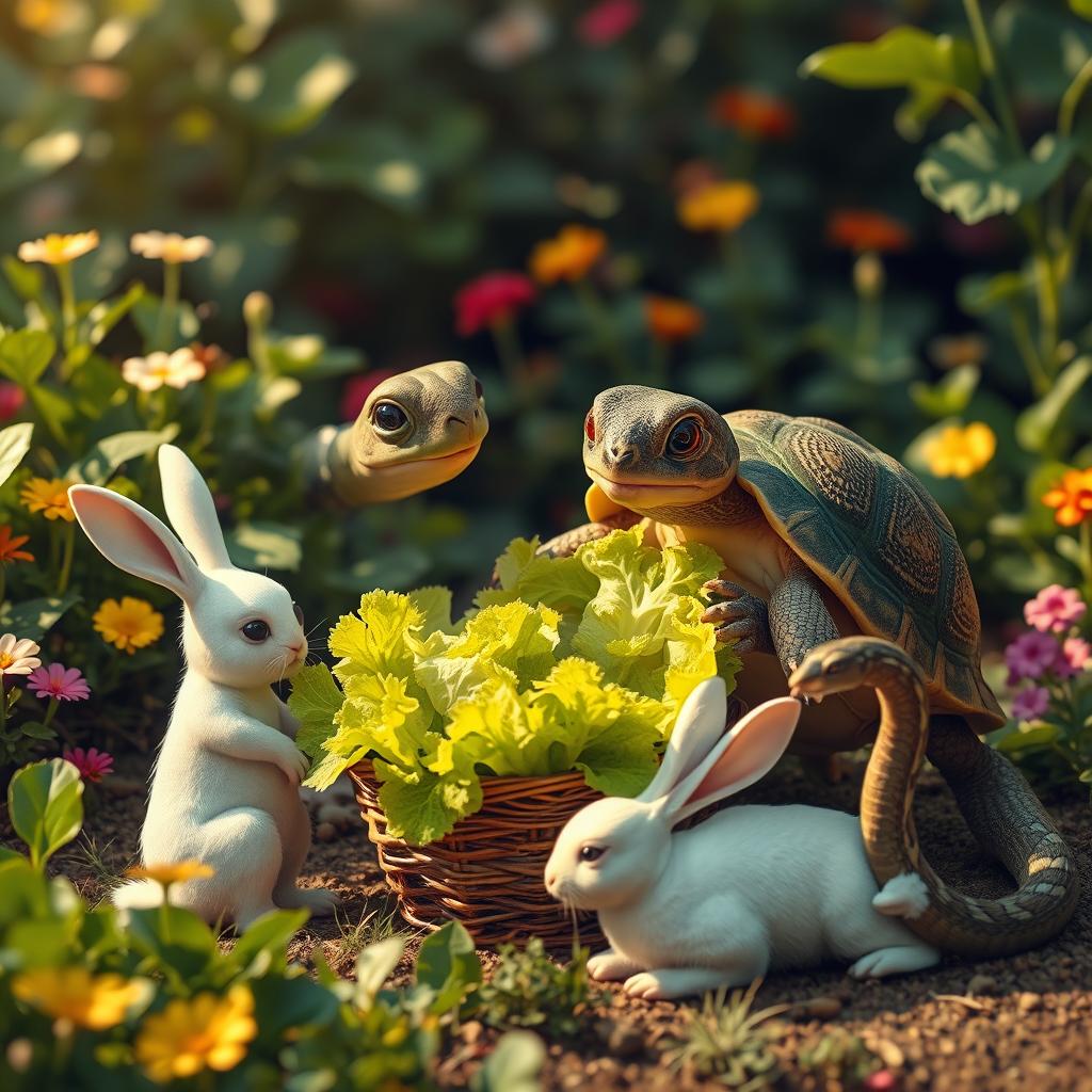 In a whimsical scene, a turtle in the act of giving birth is struggling over a basket of fresh, vibrant lettuce with a curious white rabbit