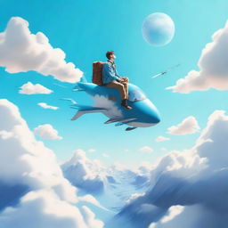 An adventurous person casually sitting atop a soaring airplane, the blue sky sprawling infinitely around them and the earth appearing as a miniature landscape beneath