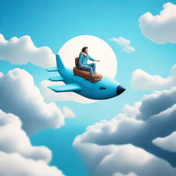 An adventurous person casually sitting atop a soaring airplane, the blue sky sprawling infinitely around them and the earth appearing as a miniature landscape beneath