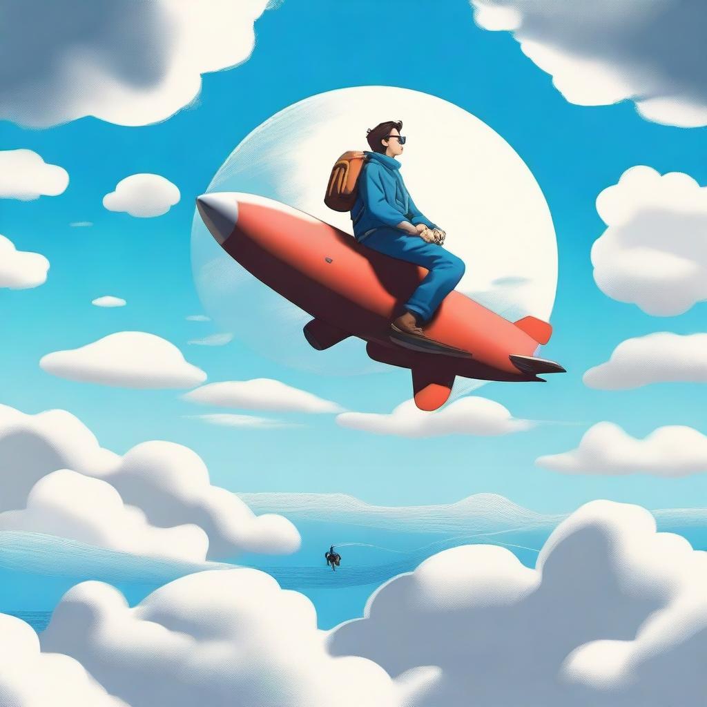 An adventurous person casually sitting atop a soaring airplane, the blue sky sprawling infinitely around them and the earth appearing as a miniature landscape beneath