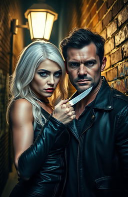 A dramatic scene featuring a white-haired woman with piercing blue eyes, clad in a stylish black leather outfit, holding a sharp knife to the throat of a rugged man with dark hair and a tense expression