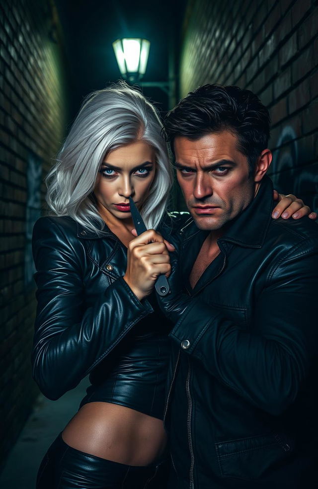 A dramatic scene featuring a white-haired woman with piercing blue eyes, clad in a stylish black leather outfit, holding a sharp knife to the throat of a rugged man with dark hair and a tense expression