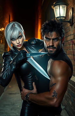 A dramatic scene featuring a white-haired woman with piercing blue eyes, clad in a stylish black leather outfit, holding a sharp knife to the throat of a rugged man with dark hair and a tense expression