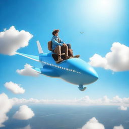 An adventurous person casually sitting atop a soaring airplane, the blue sky sprawling infinitely around them and the earth appearing as a miniature landscape beneath