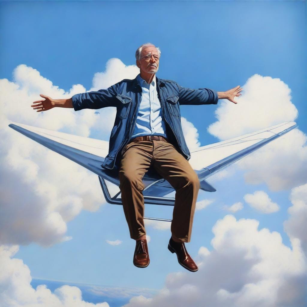 In hyper-realistic detail, an audacious individual casually positioned atop a high-flying airplane, encircled by the vast azure sky with the earth like a distant memory below