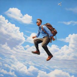 In hyper-realistic detail, an audacious individual casually positioned atop a high-flying airplane, encircled by the vast azure sky with the earth like a distant memory below