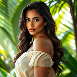 A beautiful Brazilian woman with an alluring figure, highlighted by her curvy silhouette