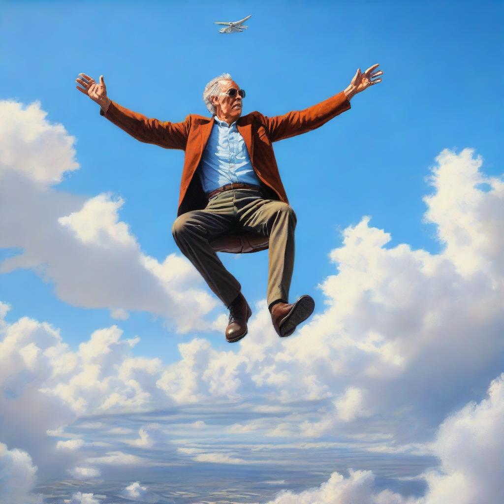 In hyper-realistic detail, an audacious individual casually positioned atop a high-flying airplane, encircled by the vast azure sky with the earth like a distant memory below