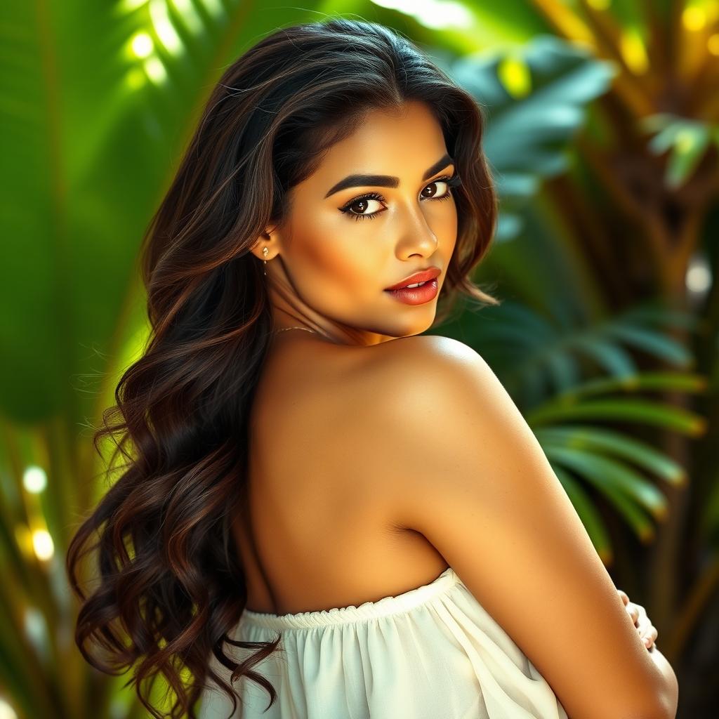 A beautiful Brazilian woman with an alluring figure, highlighted by her curvy silhouette