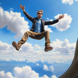 In hyper-realistic detail, an audacious individual casually positioned atop a high-flying airplane, encircled by the vast azure sky with the earth like a distant memory below