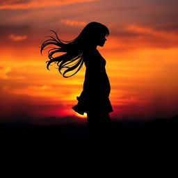 A striking silhouette of a girl standing against a vibrant sunset sky