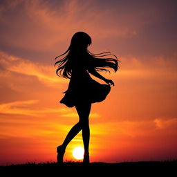 A striking silhouette of a girl standing against a vibrant sunset sky