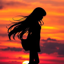A striking silhouette of a girl standing against a vibrant sunset sky