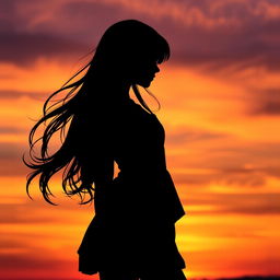 A striking silhouette of a girl standing against a vibrant sunset sky