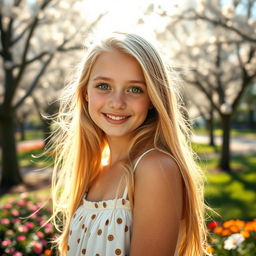 A beautiful 17-year-old girl with long, flowing blonde hair and striking green eyes