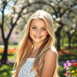 A beautiful 17-year-old girl with long, flowing blonde hair and striking green eyes