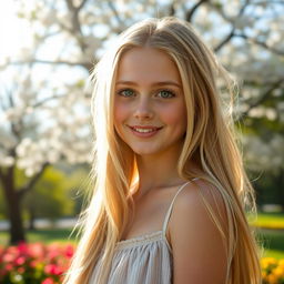 A beautiful 17-year-old girl with long, flowing blonde hair and striking green eyes