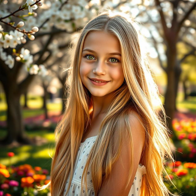 A beautiful 17-year-old girl with long, flowing blonde hair and striking green eyes