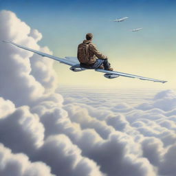 With hyper-realistic detail, imagine a daring person calmly seated on the wing of an airborne airplane, the endless sky enveloping them, as they skim the cloud tops with earth as a small dot below