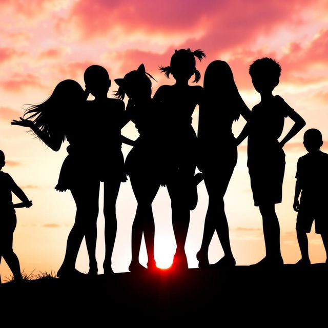 A striking silhouette of three girls and three boys standing together, showcasing a dynamic and playful pose