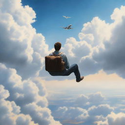 With hyper-realistic detail, imagine a daring person calmly seated on the wing of an airborne airplane, the endless sky enveloping them, as they skim the cloud tops with earth as a small dot below