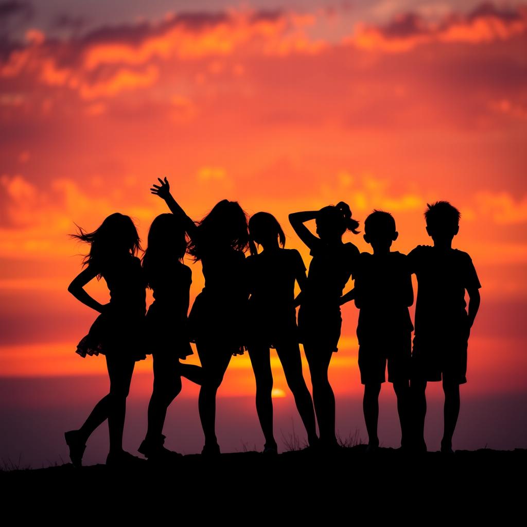 A striking silhouette of three girls and three boys standing together, showcasing a dynamic and playful pose