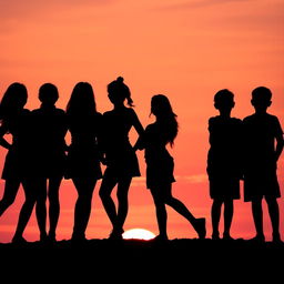A striking silhouette of three girls and three boys standing together, showcasing a dynamic and playful pose