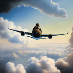 With hyper-realistic detail, imagine a daring person calmly seated on the wing of an airborne airplane, the endless sky enveloping them, as they skim the cloud tops with earth as a small dot below