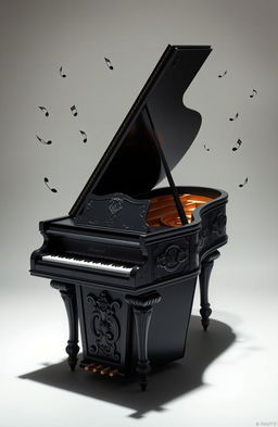 A unique artistic creation that combines the shape of a coffin and a grand piano